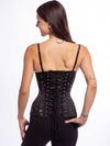Cute model wearing the cs426 longline midnight brocade corset back view