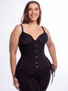 Model wearing the cs426 longline black cotton corset with hip ties front  view