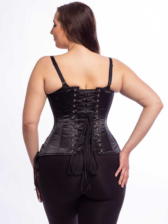 Model wearing the Underbust satin 426 longline with hip tie corset in silky black satin back lace upview