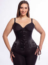 Model wearing the Underbust satin 426 longline with hip tie corset in silky black satin  front view