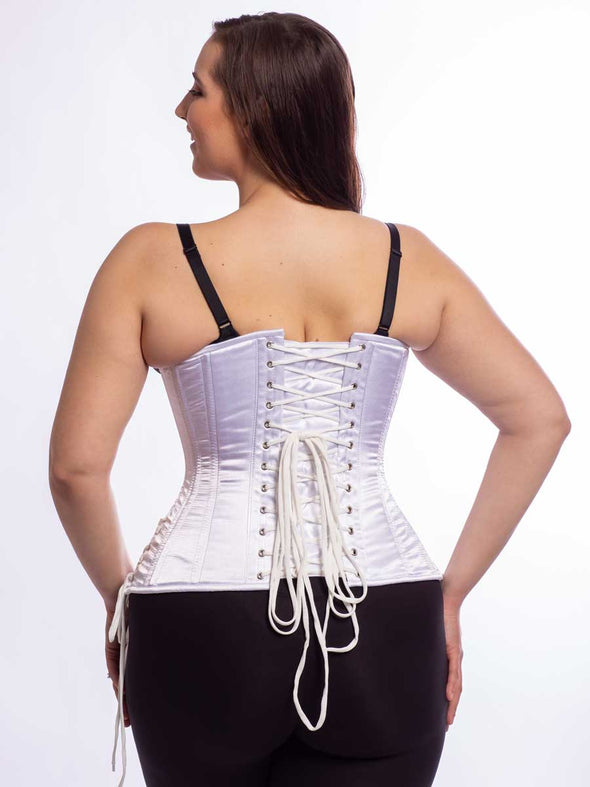 Model wearing the Underbust satin 426 longline with hip tie corset in white back lace up view