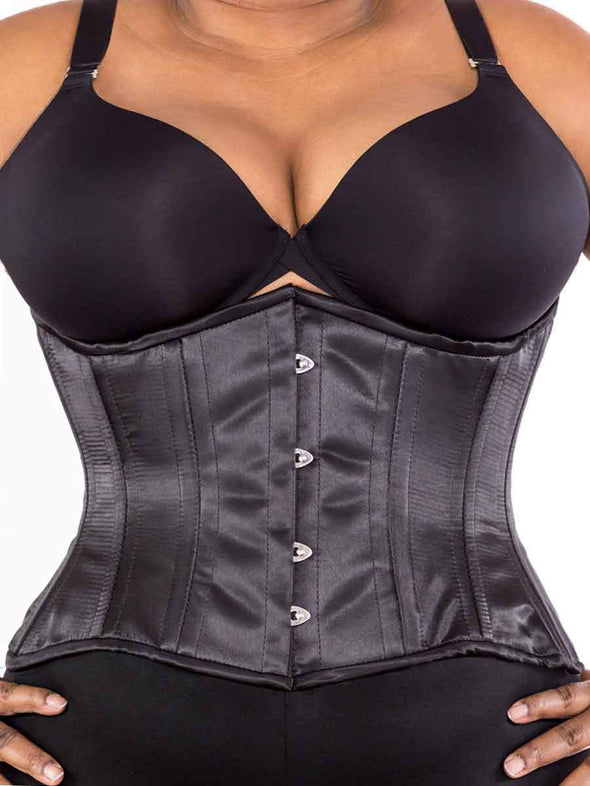 plus size 426 black satin steel boned waist training corset front view