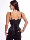 cute model wearing the hourglass curve cs426 corset in a fashionable black brocade fabric showing the back lace up detail