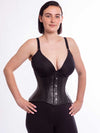 Beautiful black leather curvy cs426 corset on a female model  hands on hips