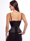 Cute female modeling the cs426 hourglass curve in black satin back lace up detail view