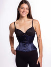 Curvy navy corset being worn by a female model with black leggings and a black bra