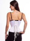 cs426 standard length white satin corset shown with black leggings and black bra.  Back lace up detail view
