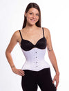 cute model wearing the cs426 standard length white satin corset shown with black leggings and black bra. 