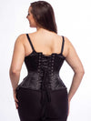 Back lace up corset view of a Model wearing our 426 with hip ties steel boned waist training corset in black satin with leggings and a black bra