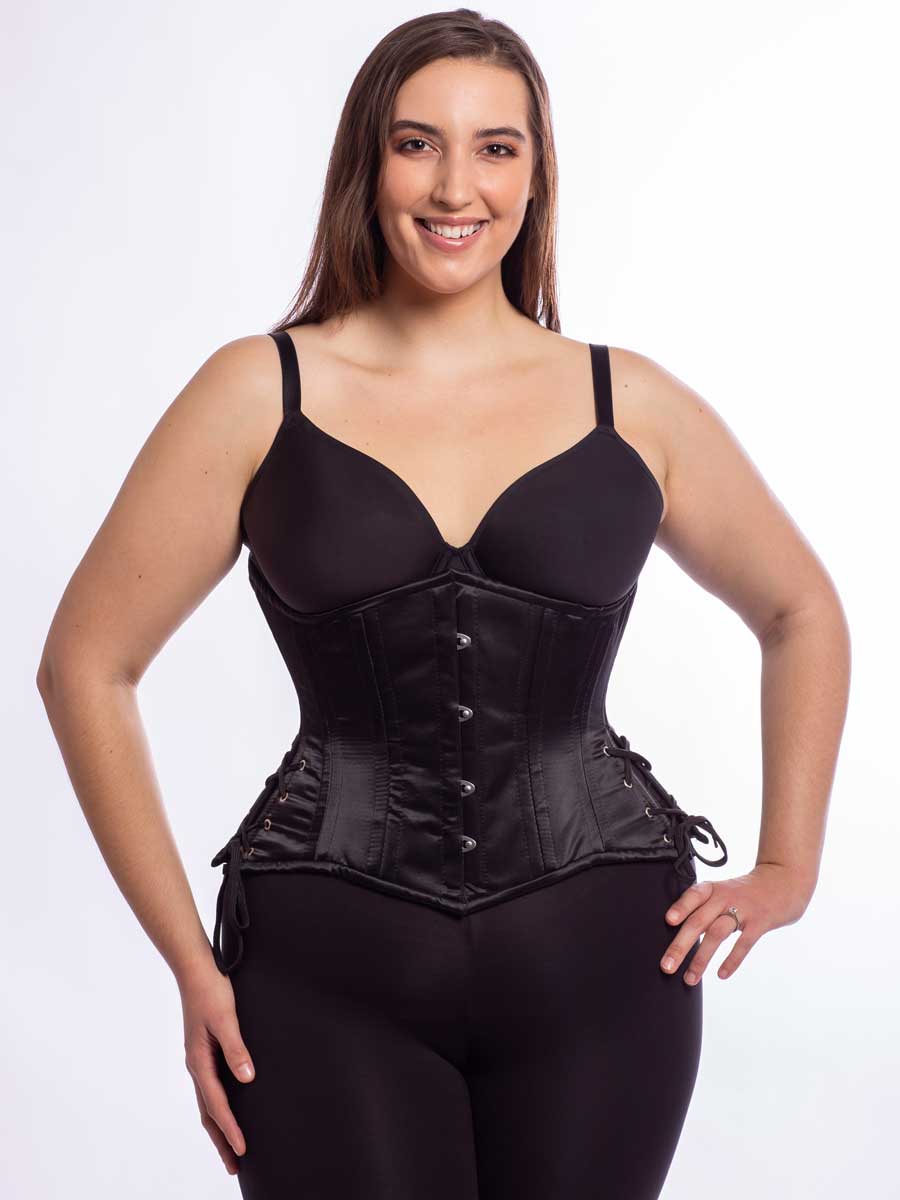 Curvy Satin Corset with Hip Ties in Pink Black & White CS-426