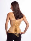 Cute model wearing the cs 511 overbust corset top in beige cotton mesh back lace up view