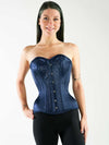 Rich navy satin corset top with boning worn with black leggings