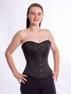 Smiling model wearing the cs530 black brocade corset top