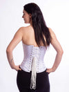 Cute model wearing the cs530 corset top in silky white satin back lace up view