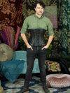 male model in jeans and a shirt wearing the black leather 701 corset