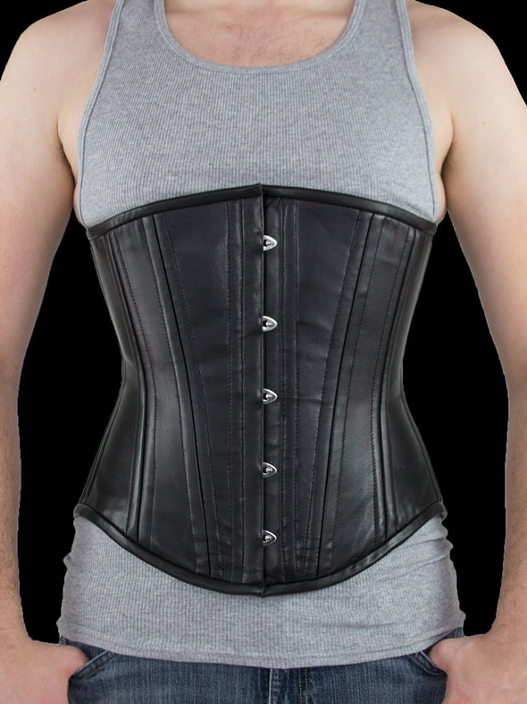 model wearing plus sized 701 longline lamb leather steel boned corset front view