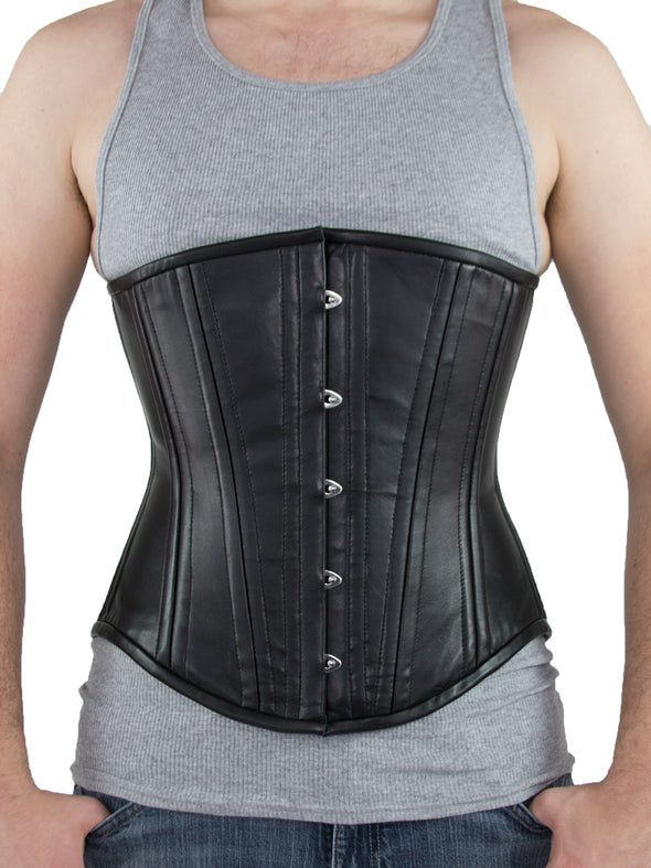 model wearing plus sized 701 longline lamb leather steel boned corset front view