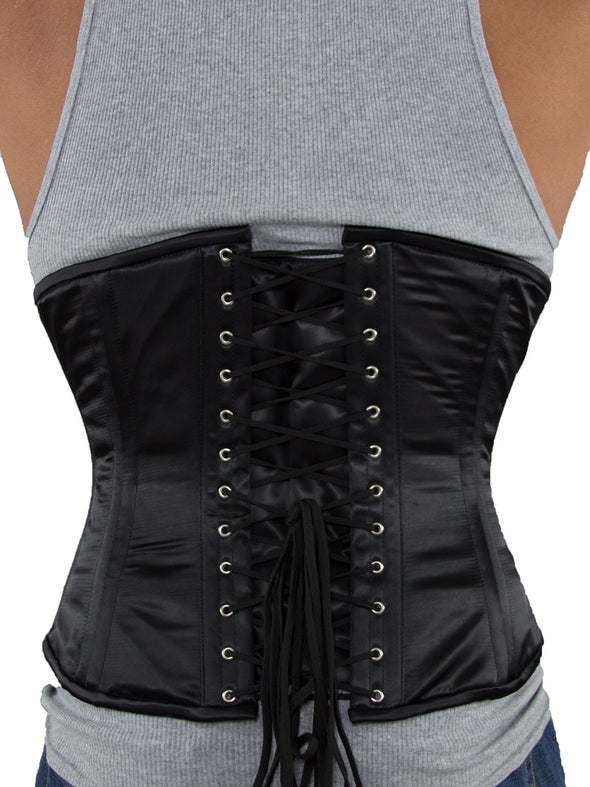 model wearing the plus size 701 longline mens steel boned corset black satin back view