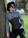 cs 701 black satin waist trainer corset being worn by a male model in a gray shirt and black pants
