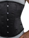 model wearing the plus size 701 plus size longline mens steel boned corset black satin front view