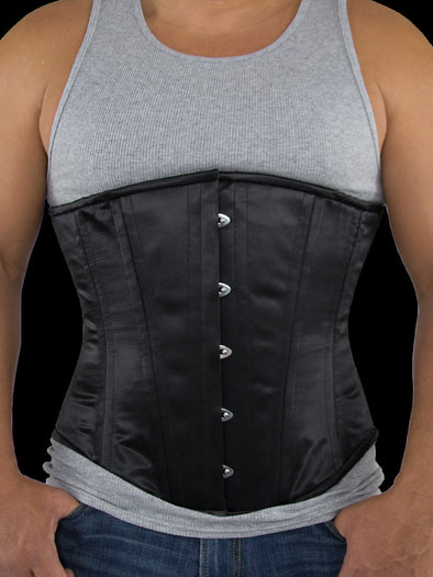 model wearing the 701 plus size longline mens steel boned corset black satin front view