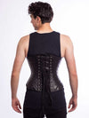 Smiling make model wearing the cs 701 waist corset in supple lambskin leather back lace up view