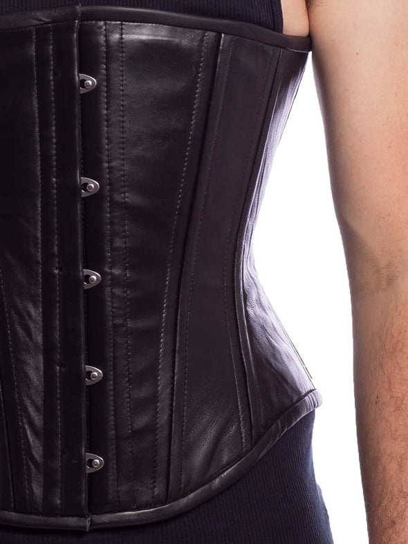 Smiling make model wearing the cs 701 waist corset in supple lambskin leather detail view
