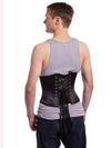 Back lace up corset view of a product shot of a Male corset model wearing the black satin modern curve cs-701 waist training corset with dark jeans and a t shirt