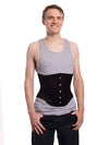 product shot of a Male corset model wearing the black satin modern curve cs-701 waist training corset with dark jeans and a t shirt
