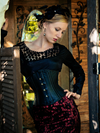 model wearing cs411 standard black leather steel boned corset front view