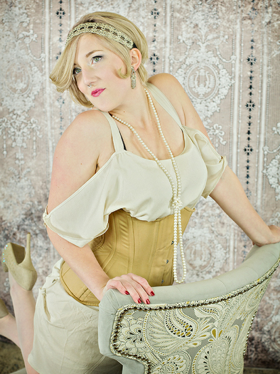 model wearing the cs426 longline beige cotton steel boned corset