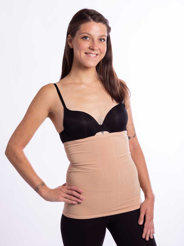 Front view of a model wearing the beige longline bamboo liner