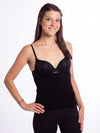 Front view of a model wearing the black bamboo corset liner