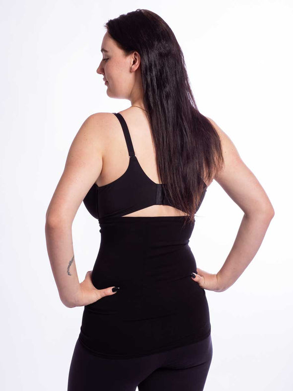 Back view of a model wearing the black longline bamboo liner