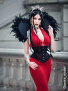 daedra_model wearing the cs201 hourglass curve corset in black lace over a red maxi dress with black angel wings