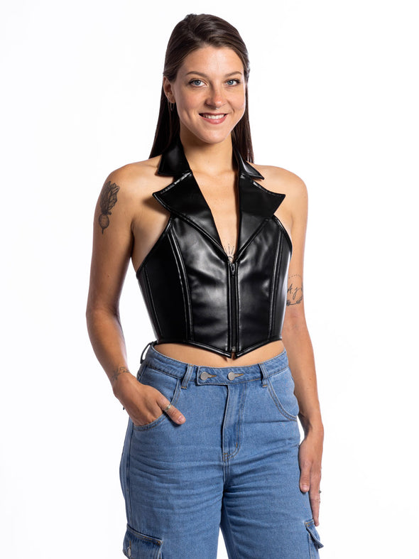 Keira Faux Leather Halter Corset Top