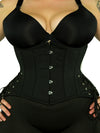 cs426 standard black cotton steel boned corset with hip ties front view