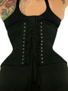 cs426 standard black cotton steel boned corset with hip ties back view