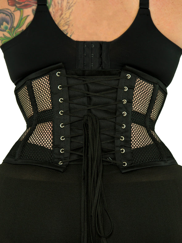 plus size 201 black mesh steel boned waist training corset back view