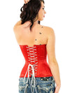 model wearing a red satin overbust corset laced with white nylon high strength paracord for tightlacing